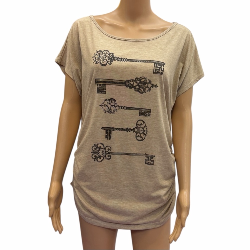 SJS Ruched Side Tan Skeleton Key Print Womens Large Short Sleeve Top